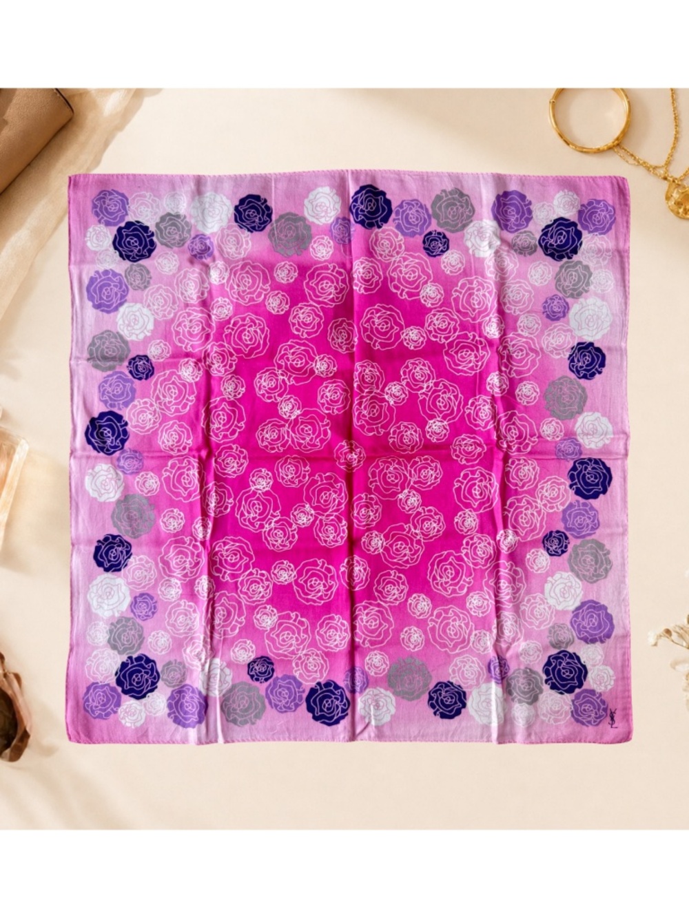 Vintage Yves Saint Laurent Pink Rose Scarf YSL Square Floral Neckerchief 18.5"